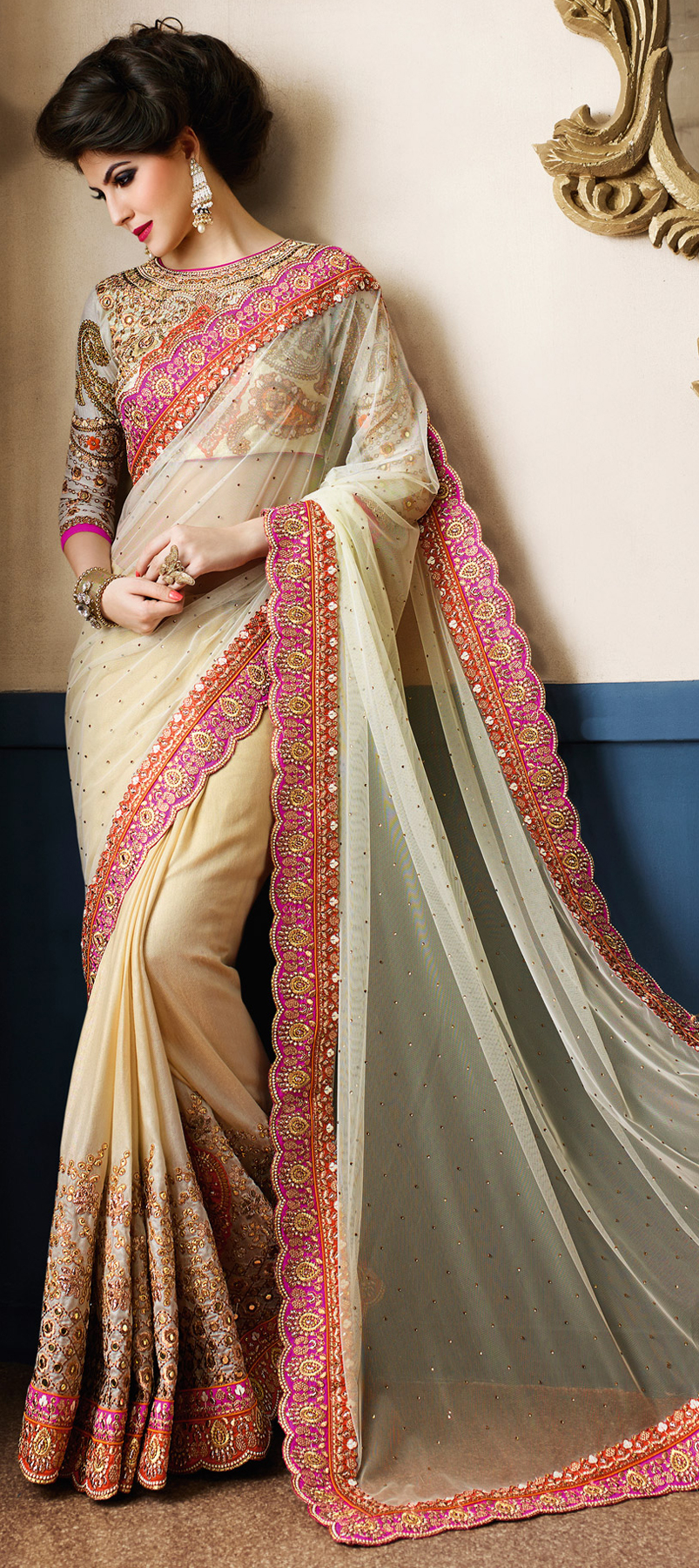 191019: Beige and Brown color family Bridal Wedding Sarees ...