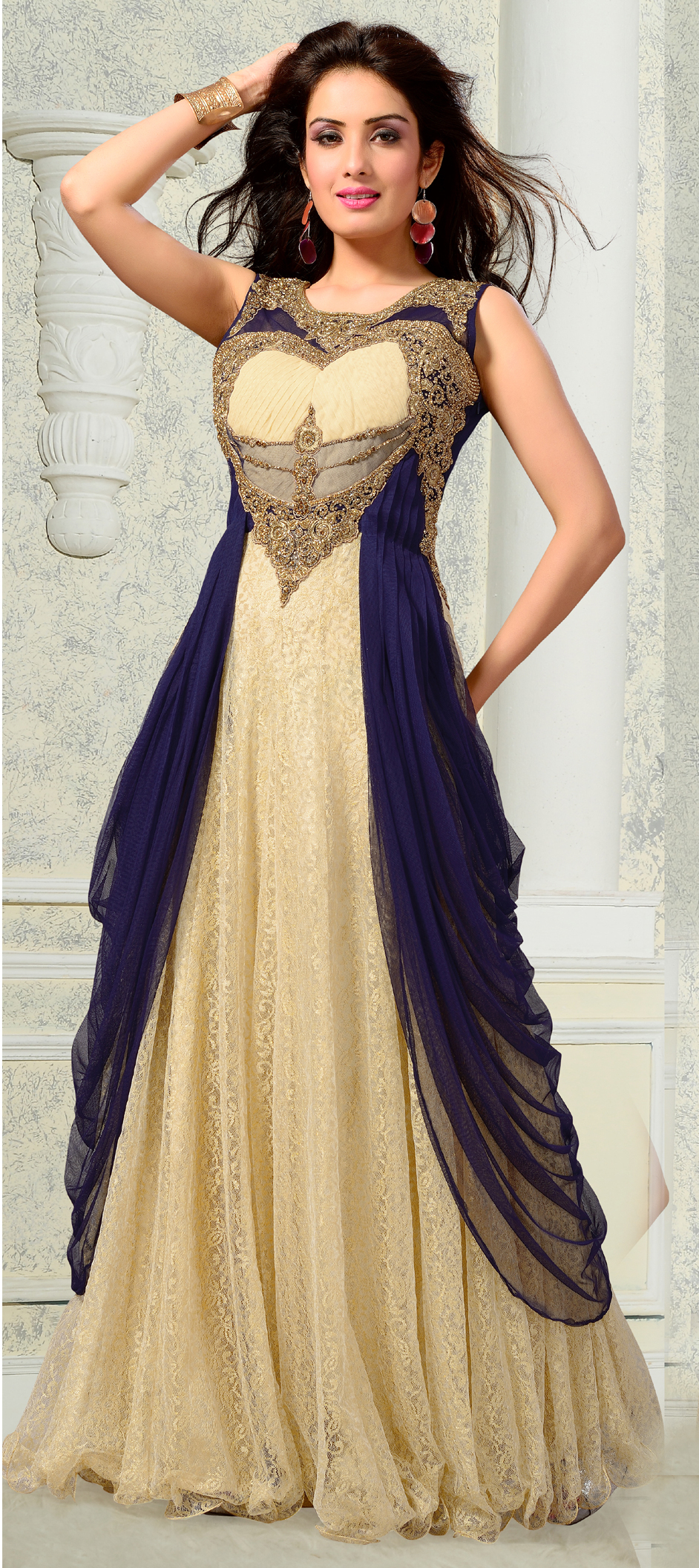 435981 Beige and Brown Blue color family stitched gown