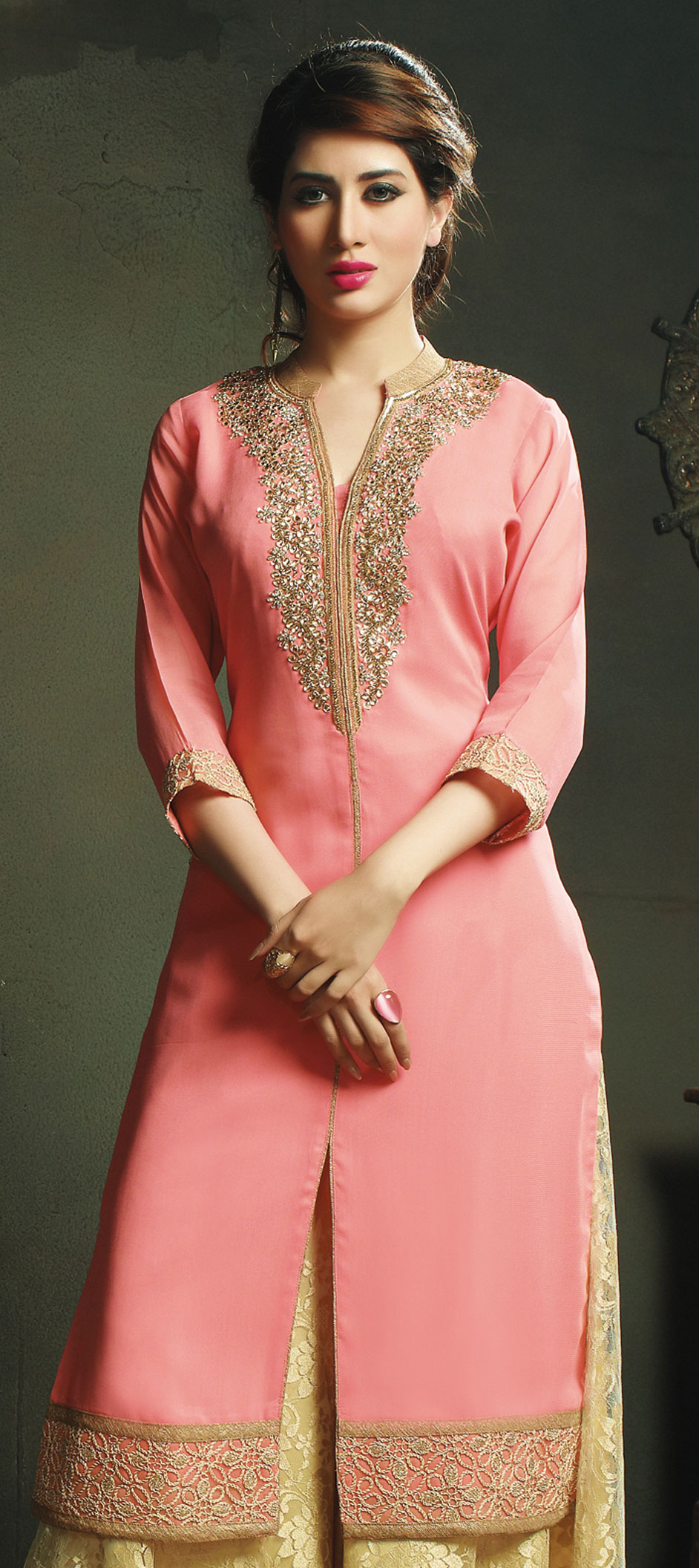 448506: Pink and Majenta color family stitched Long Kurtis