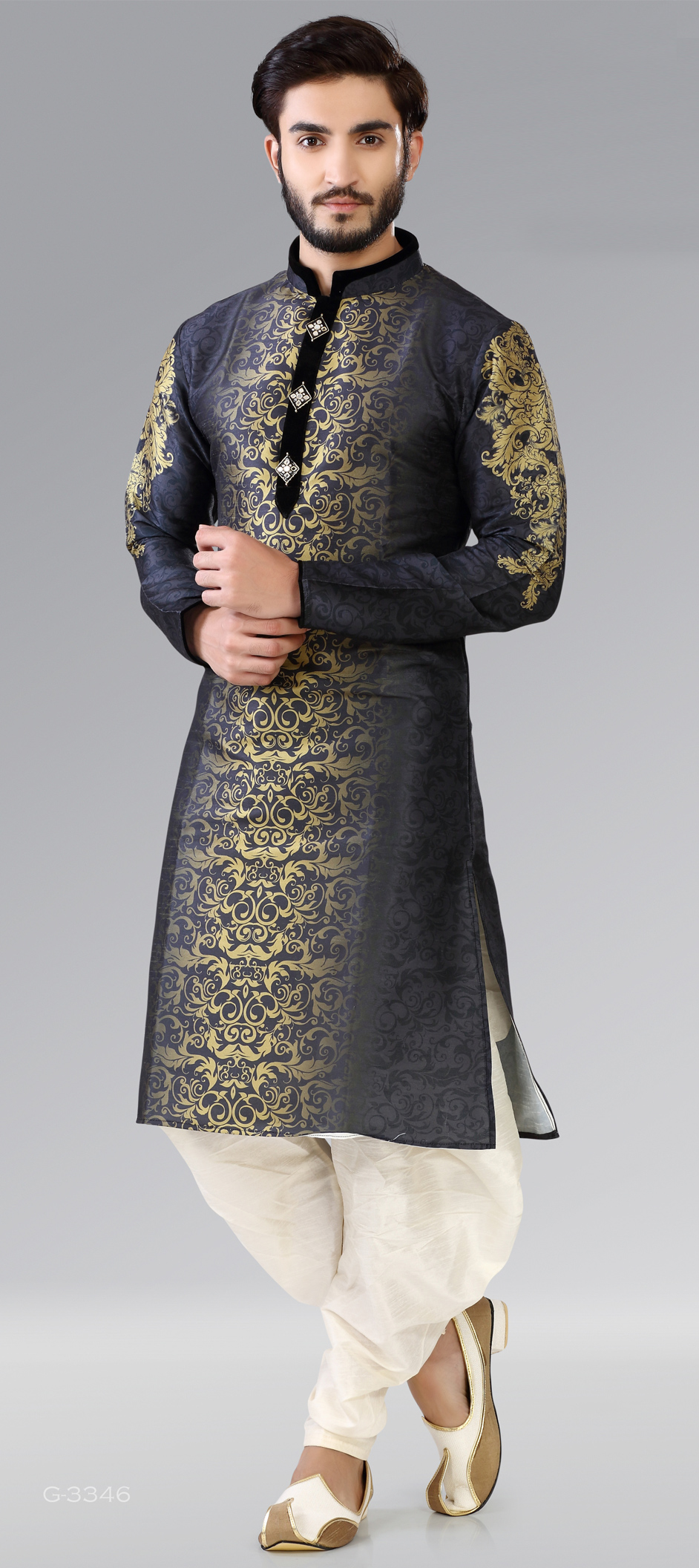 507295 Black  and Grey Gold color family stitched Kurta  