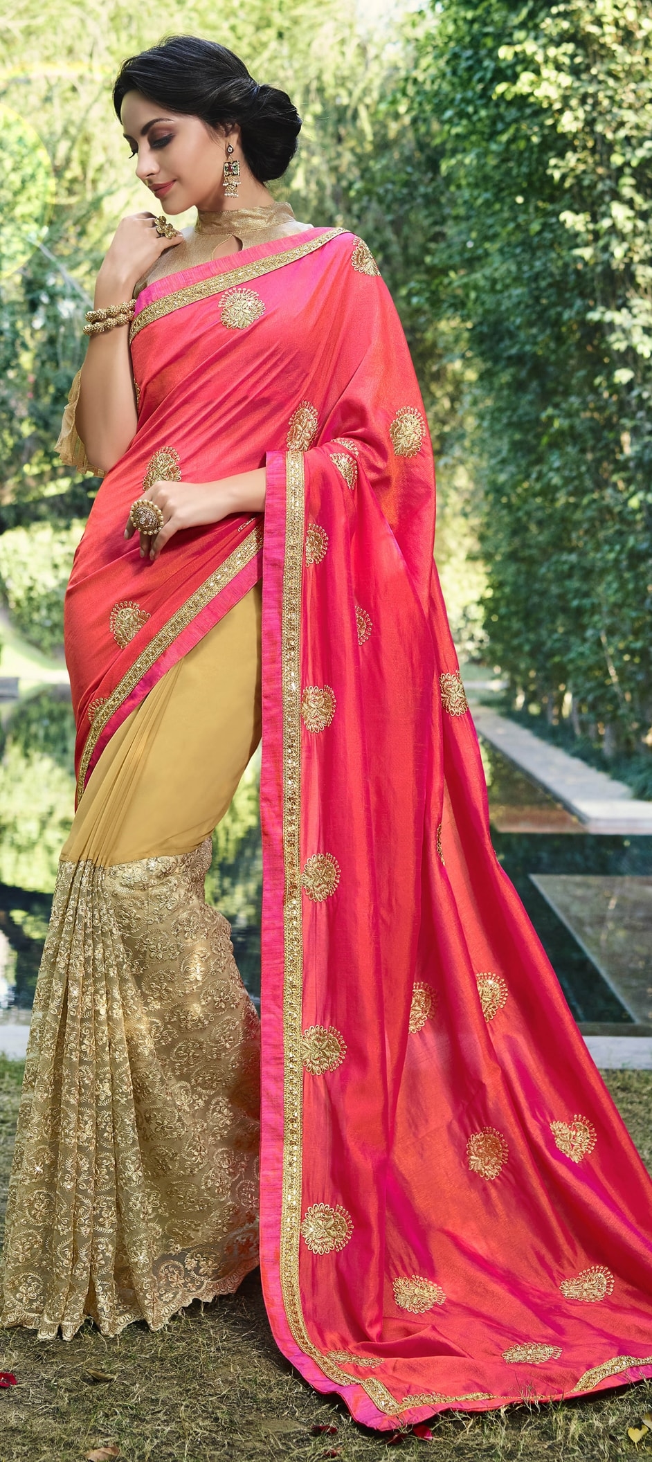 Woman wearing orange and red floral sari dress, Chiffon Wedding sari  Textile, design, textile, wholesale png | PNGEgg